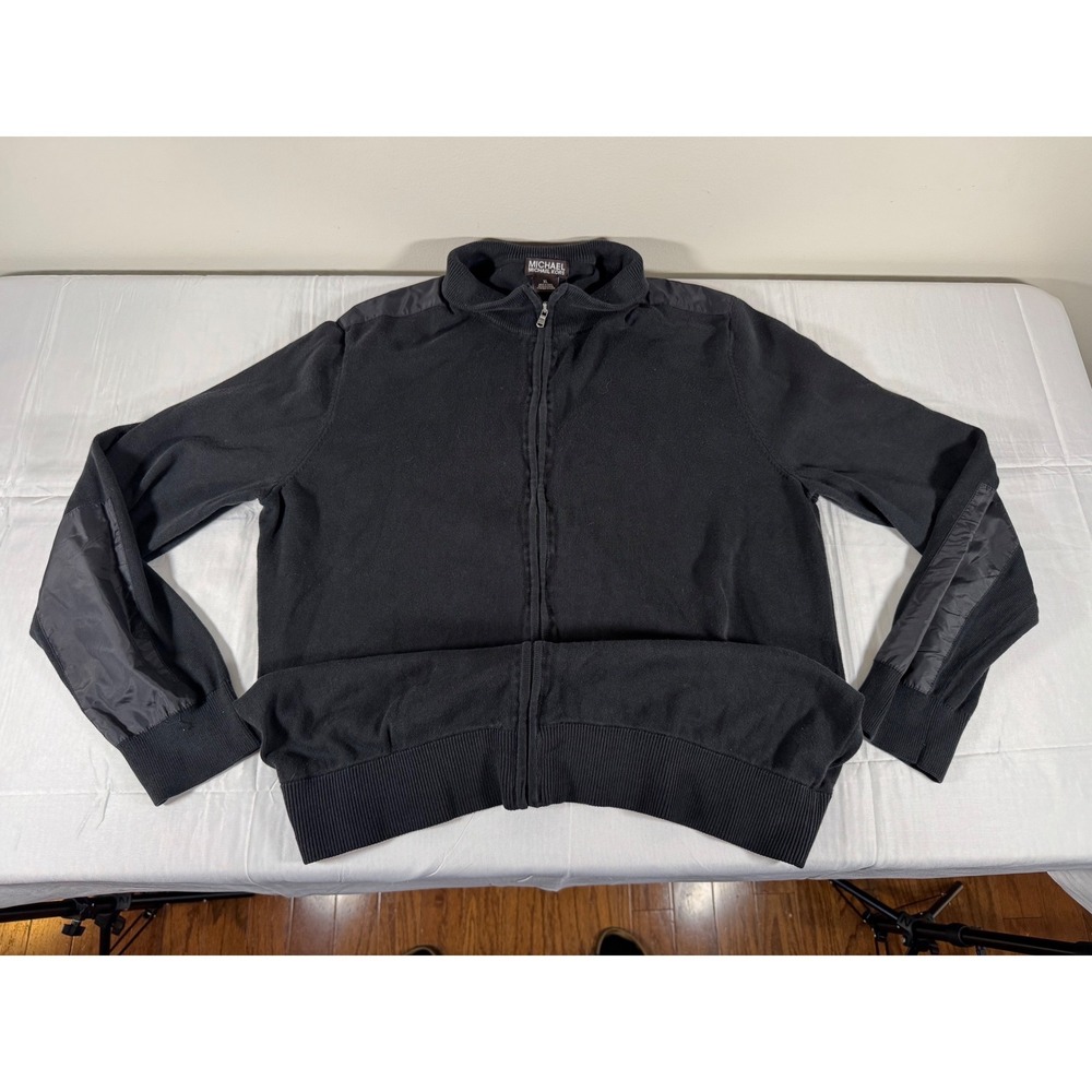 Michael Kors Mens Full Zip Cardigan Sweater Black Mock Neck Nylon Trim XL